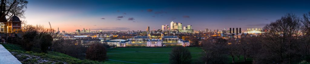 Panoramic view of London at night from the Royal Observatory in Greenwich