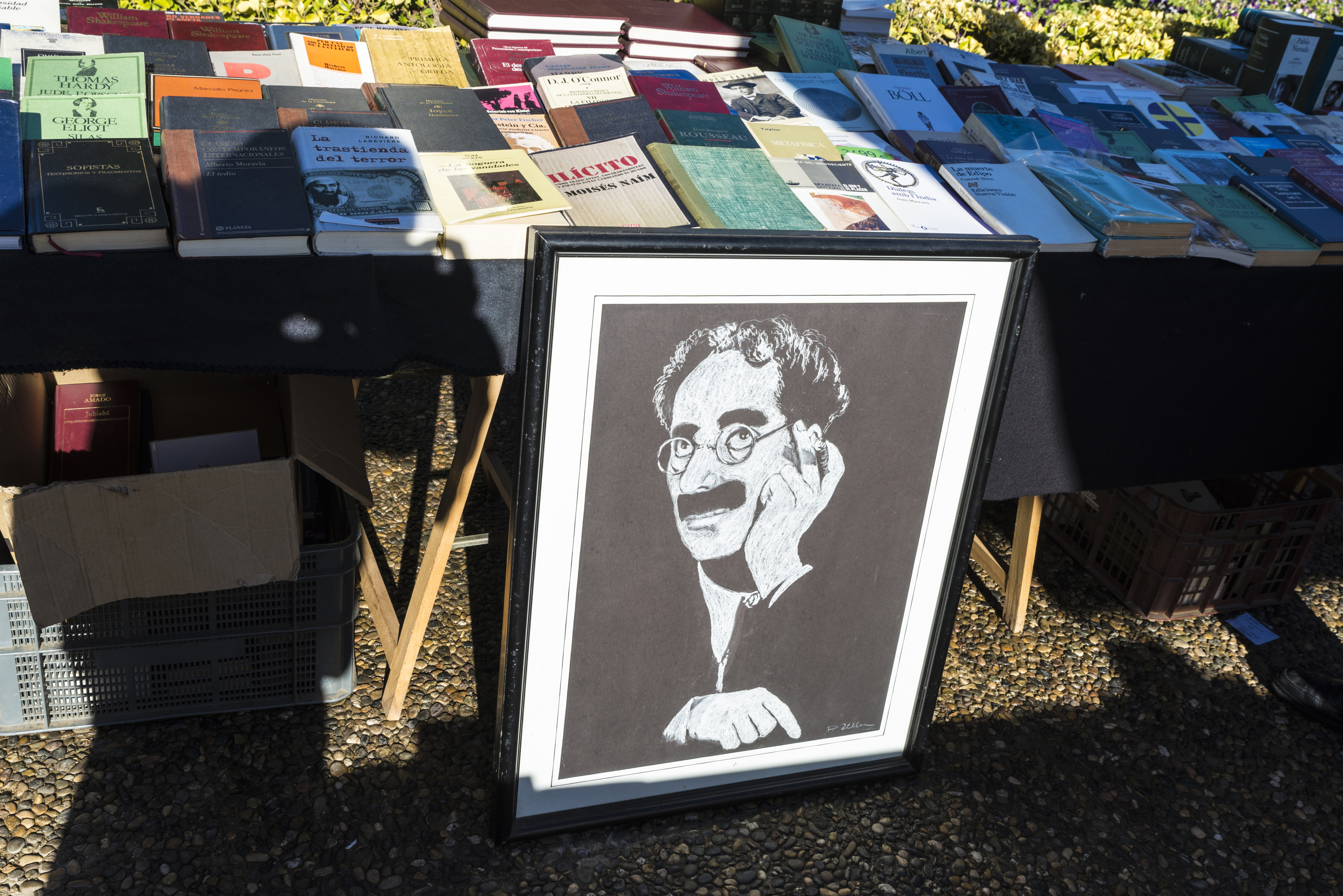 Girona, Spain - December 28, 2014: Objects used, furniture, artwork and ornaments on a market stall in the flea market in Girona, also known as Mercat de la Lleona. This image highlights a drawing of Groucho Marx